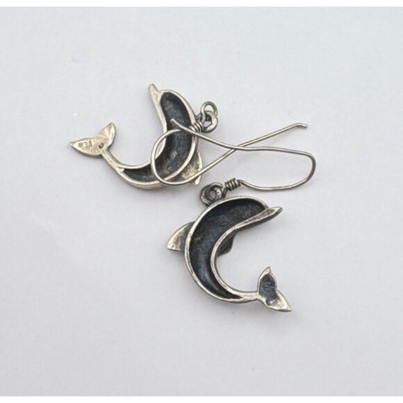 Vintage Sterling Silver Dolphin Dangle Earrings Beach Marine Fish 925 - Picture 4 of 6